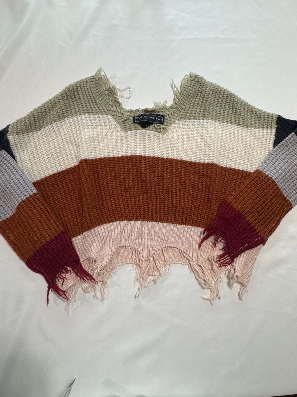 Distressed Striped Cropped Sweater Grunge Boho Chunky Knit Top